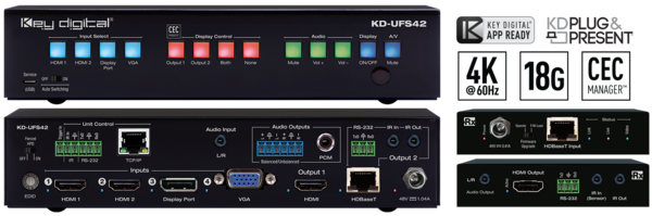 KD-UFS42 4K 18G (40M) UNIVERSAL FORMAT SWITCHER WITH 4 INPUTS (2X HDMI, DP, VGA), HDMI AND HDBASET MIRRORED